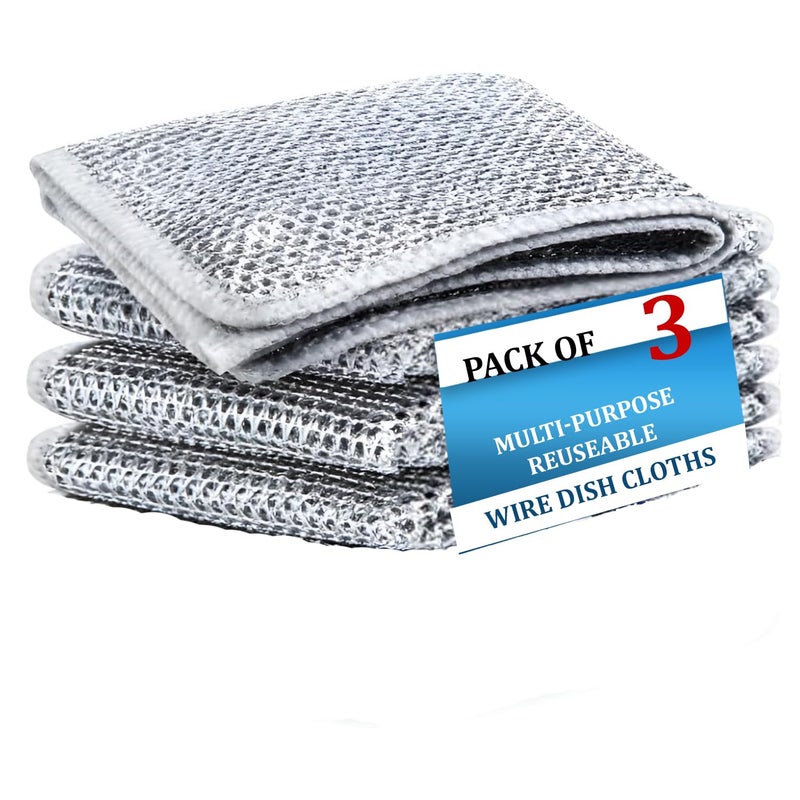 DALUCI 3 قطع قماش غسيل الصحون من سلك الفولاذ غير الخدش | فرك ثقيل للأدوات وتنظيف المطبخ | قماش تنظيف قابل لإعادة الاستخدام ومتين للأطباق، الحوض والأسطح (عبوة من 3) - Image 1