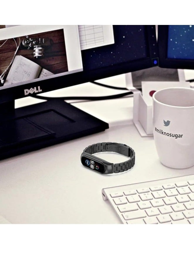 Metal Watch Strap Compatible With Xiaomi Mi Band 6 /Mi Band 5, 3 beads Stainless Steel Adjustable Smartwatch Replacement Straps for Men Women - Image 2