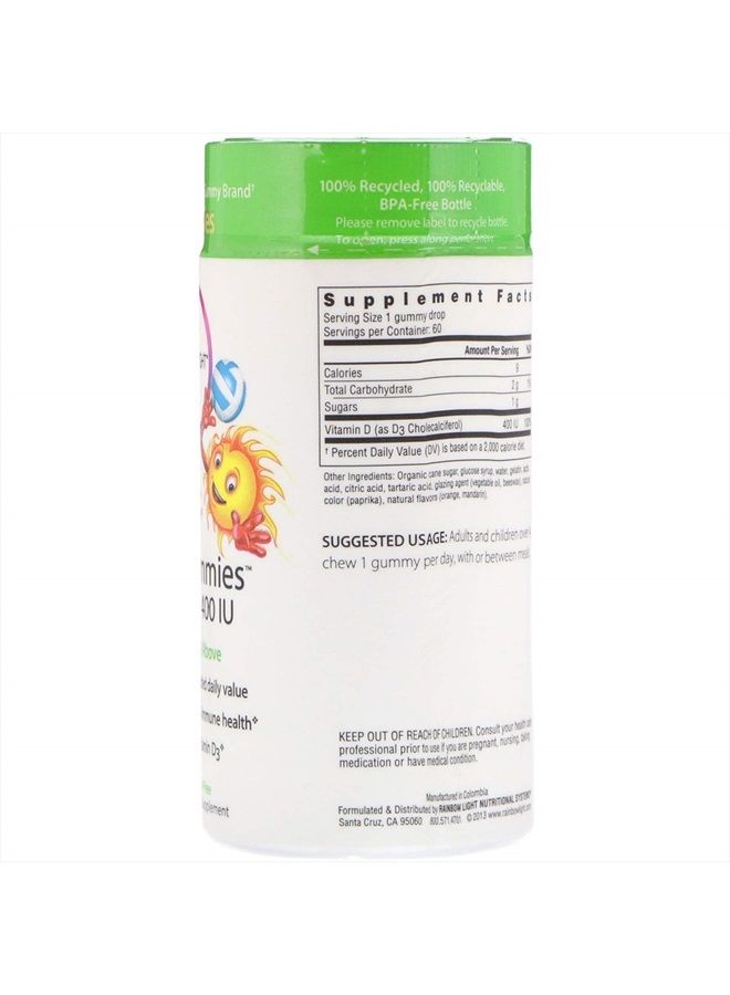 Rainbow Light Sunny Gummies Vitamin D3 400 IU, Support for Healthy Bones, Muscles, and Immunity in a Family-Friendly Chewable with Vitamin D3, Soy-Free, Gluten-Free, Tangy Tangerine, 60 Gummy Drops - Image 2