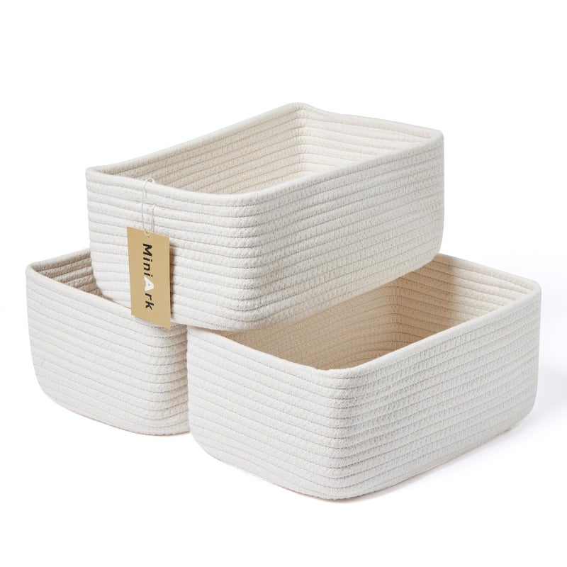 MiniArk Small Storage Baskets for Organizing | Closet Organizer Bins | Shelf Toy Basket | Woven Rope Baskets | Cube Decorative Box | Shallow Basket | 11.5x7.5x4.7â€ | 3 Packs Off White - Image 1