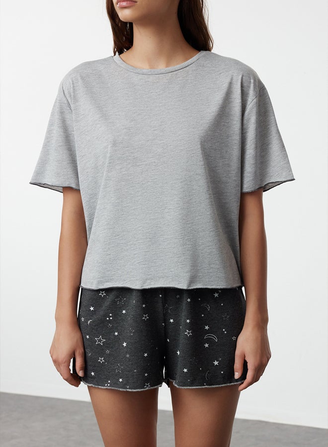 trendyol Gray Melange Galaxy Patterned Baby Overlock Detailed Shorts Knitted Pajamas Set - Image 3