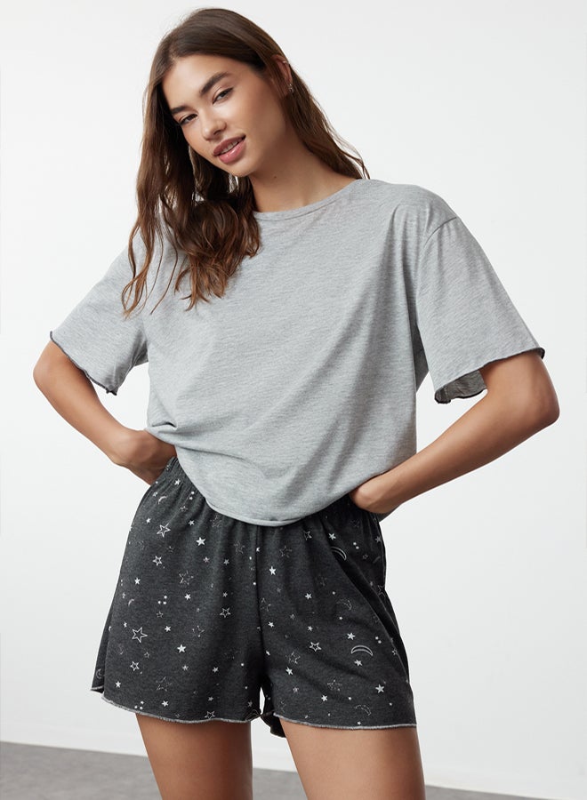 trendyol Gray Melange Galaxy Patterned Baby Overlock Detailed Shorts Knitted Pajamas Set - Image 1