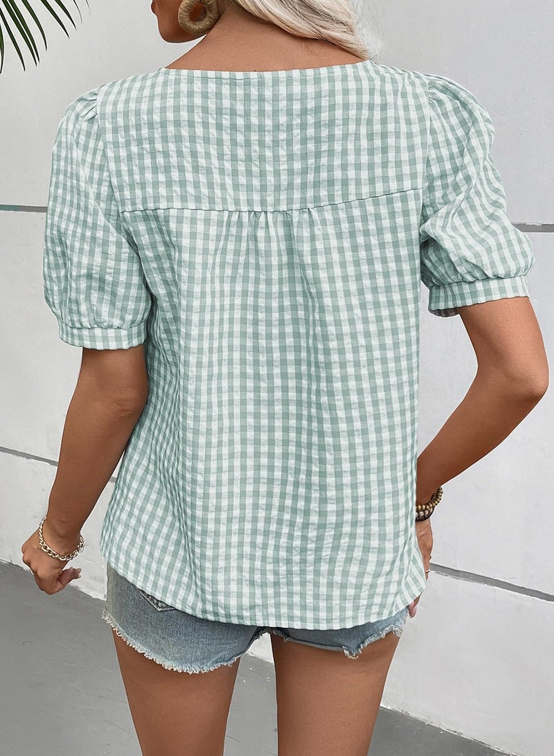 EVALESS Tops for Women Short Sleeve Tunic Blouse Dressy Casual Square Neck Gingham Tops Cotton Blend Plaid Shirt Cute Checkered Puff Sleeve Work Blouses 2026 Summer Vacation Clearly Aqua Large - Image 3