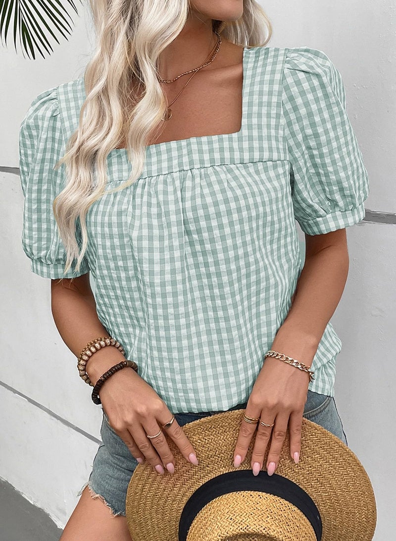 EVALESS Tops for Women Short Sleeve Tunic Blouse Dressy Casual Square Neck Gingham Tops Cotton Blend Plaid Shirt Cute Checkered Puff Sleeve Work Blouses 2026 Summer Vacation Clearly Aqua Large - Image 2