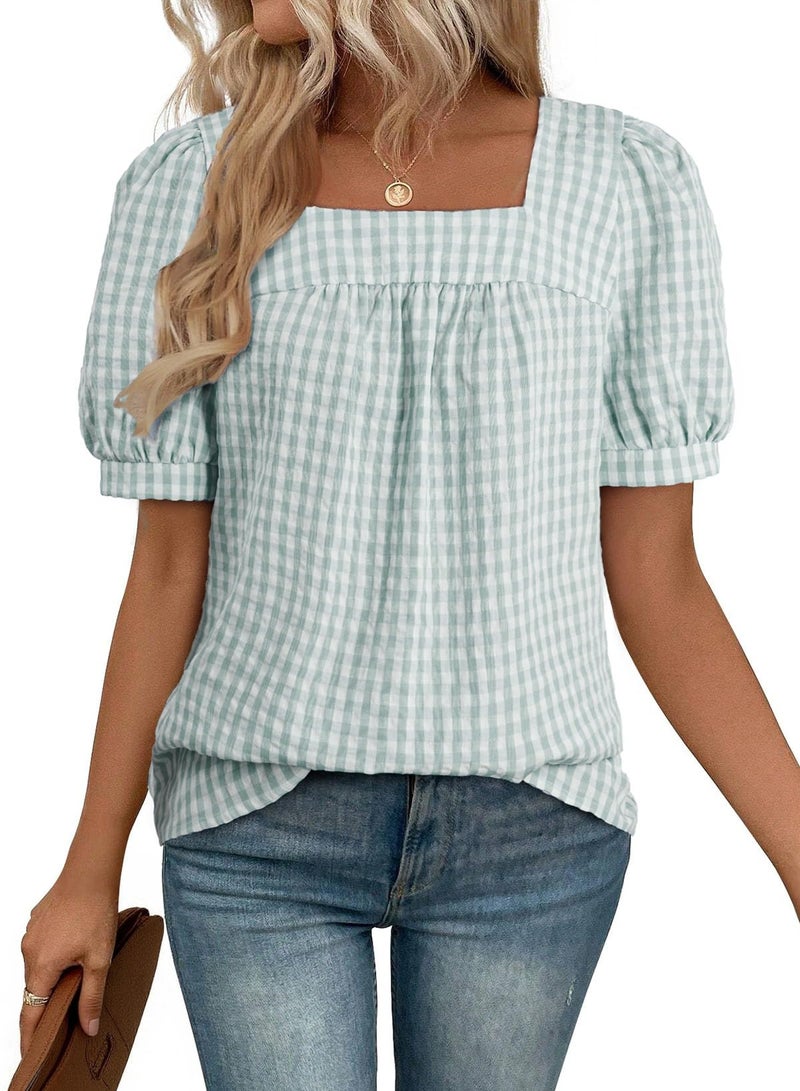 EVALESS Tops for Women Short Sleeve Tunic Blouse Dressy Casual Square Neck Gingham Tops Cotton Blend Plaid Shirt Cute Checkered Puff Sleeve Work Blouses 2026 Summer Vacation Clearly Aqua Large - Image 1