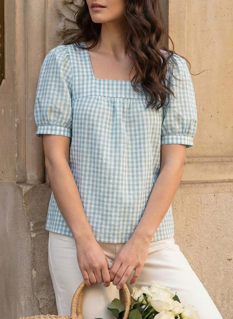 EVALESS Tops for Women Short Sleeve Tunic Blouse Dressy Casual Square Neck Gingham Tops Cotton Blend Plaid Shirt Cute Checkered Puff Sleeve Work Blouses 2026 Summer Vacation Clearly Aqua Large - Image 5