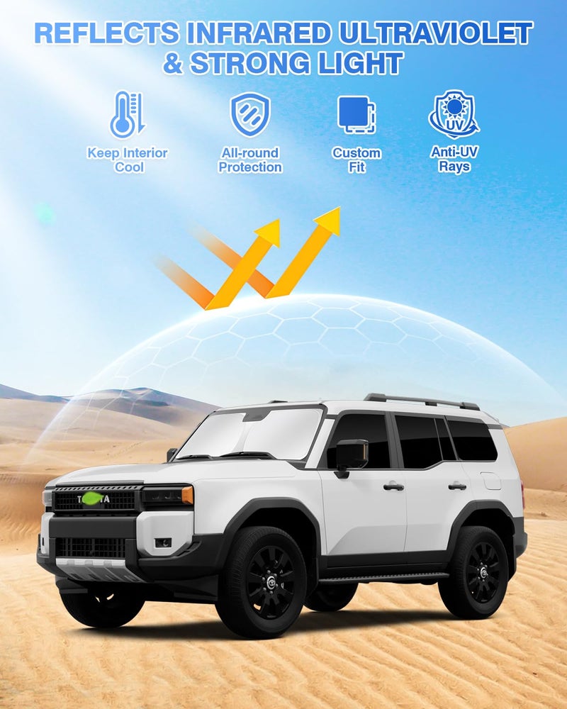 Canvcle أغطية شمسية من كانفكل لسيارات تويوتا لاند كروزر برادو 250 2024 2025 2026 ملحقات واقي الشمس للزجاج الأمامي غطاء ظل نافذة جانبية وخلفية واقي الشمس لحماية الخصوصية للحفاظ على برودة السيارة باللون الأسود 8 قطع - Image 2