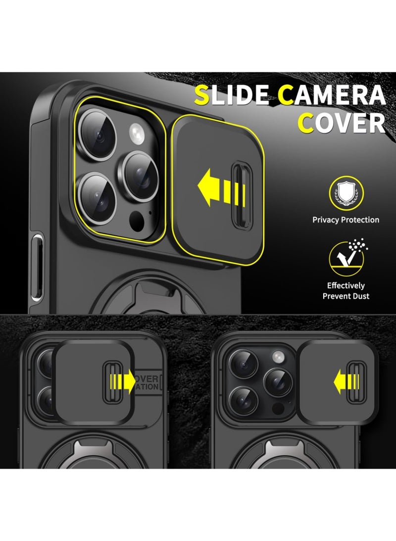 Abania iPhone 16 Pro Max Case with Sliding Camera Cover & 360° Ring Stand, MagSafe Compatible, Military-Grade Shockproof Slim Protective Cover - Black - Image 5
