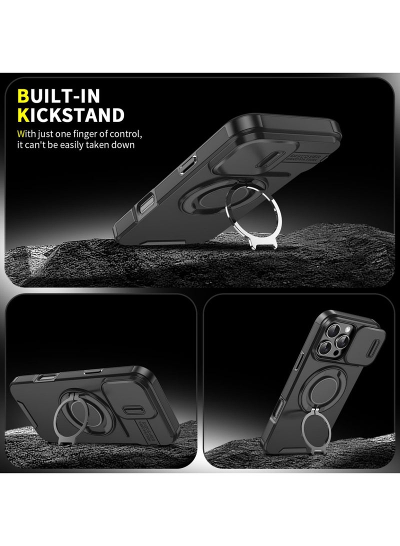Abania iPhone 16 Pro Max Case with Sliding Camera Cover & 360° Ring Stand, MagSafe Compatible, Military-Grade Shockproof Slim Protective Cover - Black - Image 4