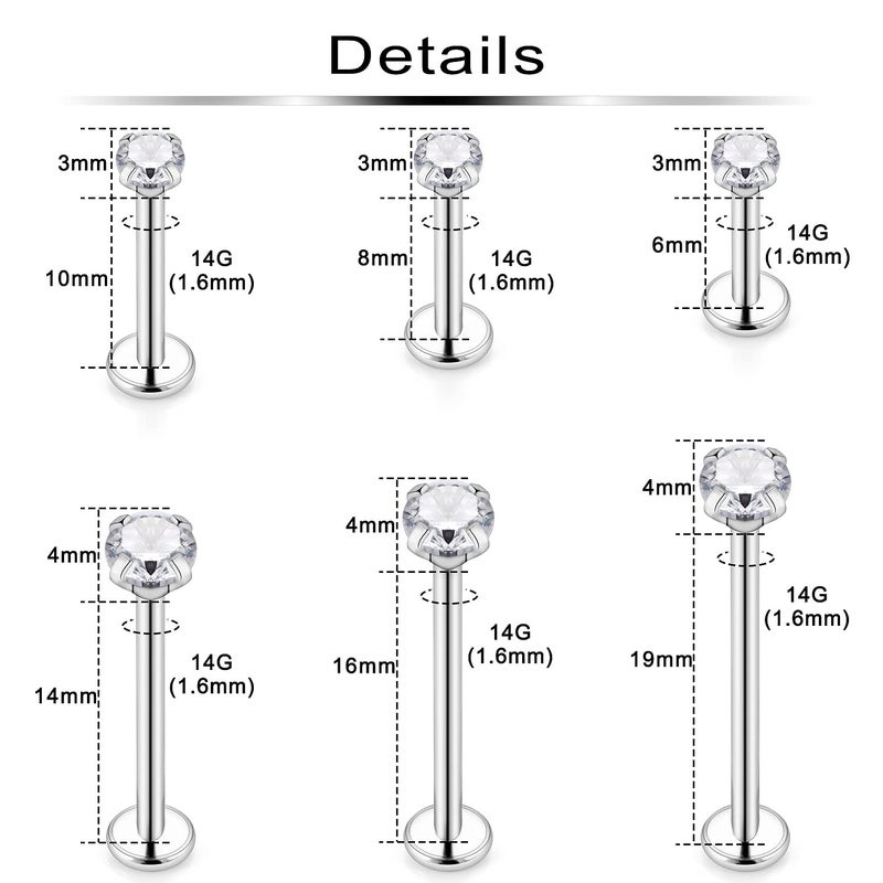Ftovosyo 12Pcs 14G Different Sizes Flat Back Stud Stainless Steel Labret Ashley Medusa Monroe Dimple Cheek Lip Rings Studs Piercing Jewelry for Women Men Bar Length 6mm-19mm Silvertone - Image 2