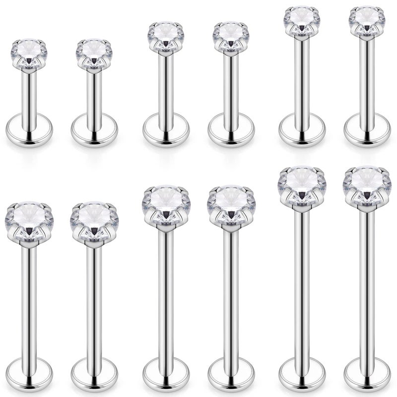 Ftovosyo 12Pcs 14G Different Sizes Flat Back Stud Stainless Steel Labret Ashley Medusa Monroe Dimple Cheek Lip Rings Studs Piercing Jewelry for Women Men Bar Length 6mm-19mm Silvertone - Image 1
