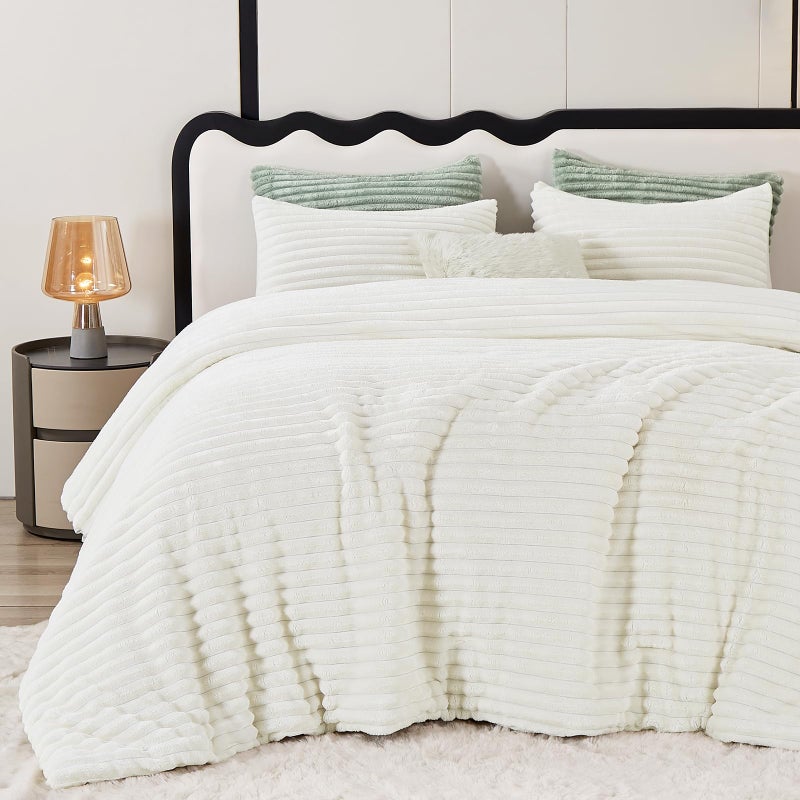 CozyLux Fluffy Queen Comforter Set Super Soft Faux Fur Cream White Comforter Queen Size Winter Warm Fleece Bedding Set 3 Pieces Plush Fuzzy Bed Set 1 Shaggy Comforter 2 Pillowcases