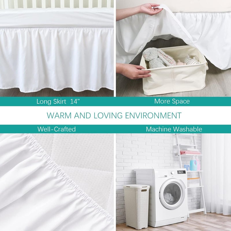 Biloban تنورة سرير المهد 28 × 52 مع 14 انحدار كشكش غبار للأطفال الأولاد والبنات تناسب مرنة قابلة للتعديل لسرير الأطفال سهلة التركيب والإزالة ناعمة لسرير المهد القياسي تنورة سرير بيضاء صلبة - Image 4