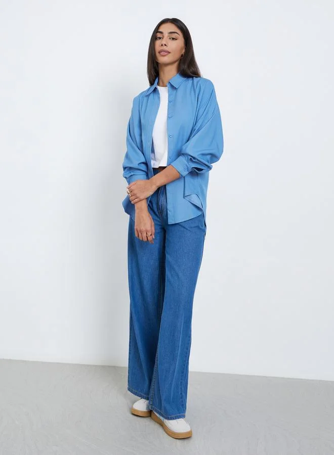 Styli Styli Blue Oversized Shirt with Button Placket