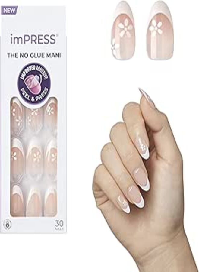 KISS imPRESS No Glue Mani Press On Nails, French, 'Fearless', Light Neutral + White Tip French, Medium, Almond Shape, Includes 30 Nails, Prep Pad, Instructions Sheet, 1 Manicure Stick, 1 Mini File