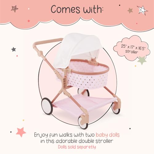 LullaBaby 14Inch Accessories Pink Toy Stroller with Gold Stars for Twins Foldable Canopy Swivel Wheels Storage Basket Pretend Play 2 Years - Image 5