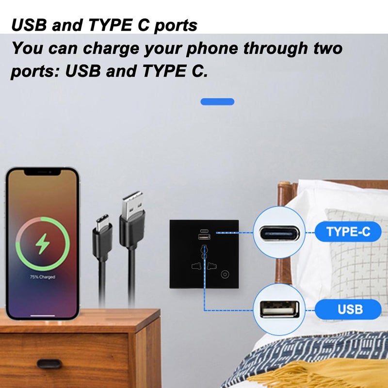 مقبس حائط ذكي Luocute، مفتاح تحكم باللمس ثنائي الوضع مع إضاءة خلفية ومنافذ USB من النوع C لغرفة المعيشة والمطبخ وغرفة النوم والحمام (أسود) - Image 2