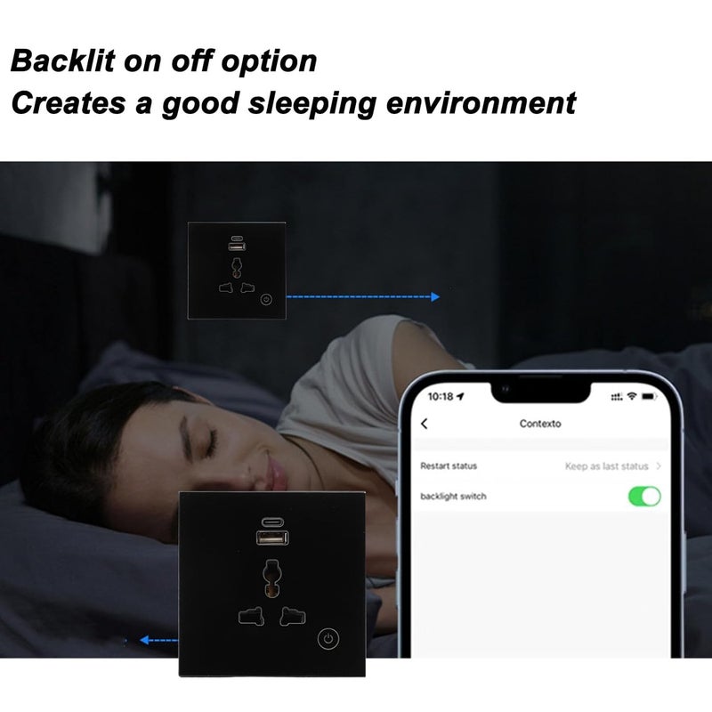 مقبس حائط ذكي Luocute، مفتاح تحكم باللمس ثنائي الوضع مع إضاءة خلفية ومنافذ USB من النوع C لغرفة المعيشة والمطبخ وغرفة النوم والحمام (أسود) - Image 4