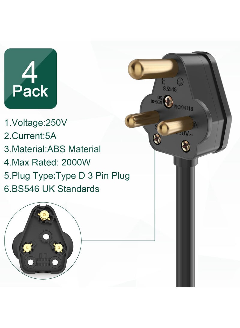 4 Pcs 3-Pin Mains Plugs, Type-D Round Pin Mains Plug, 5A 250V UK Standard Mains Plug, Household Small Power Mains Plug for Light and Lamp (Black) - Image 3