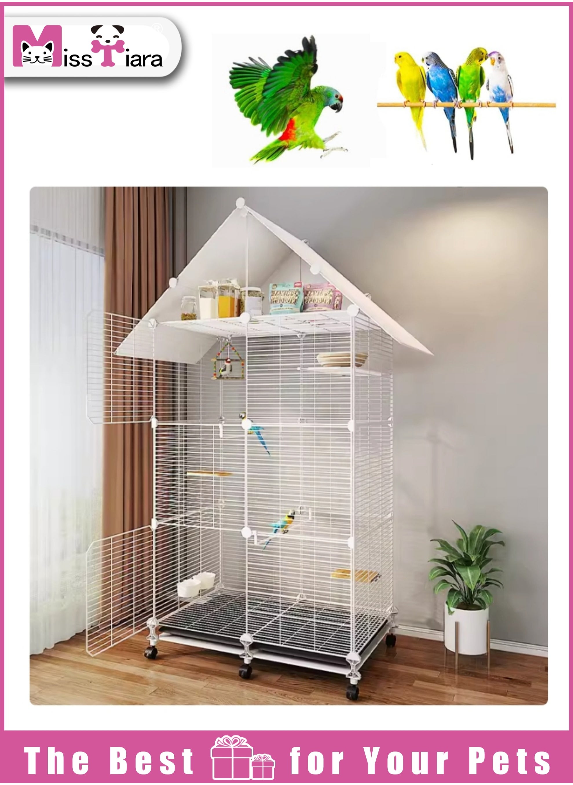 MissTiara Bird Large Cage for Parakeets, Parrotlets, Cockatiels, Budgie Finch Lovebird Canary Pet Bird Accessories included Large space multiple birds fly freely with Storage design 74*37*152cm 