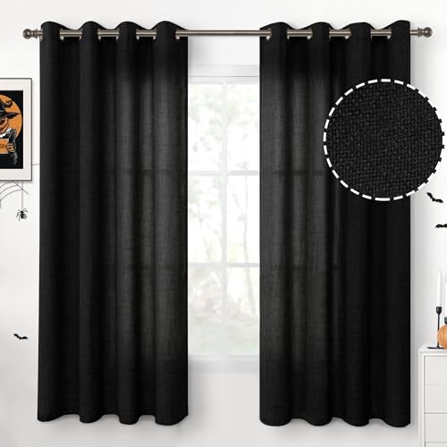 YoungsTex Black Linen Curtains 63 inch Length 2 Panels for Short Windows Bronze Grommet Drapes Light Filtering for Bedroom Living Room Gothic Decorative 52 X 63 Inch