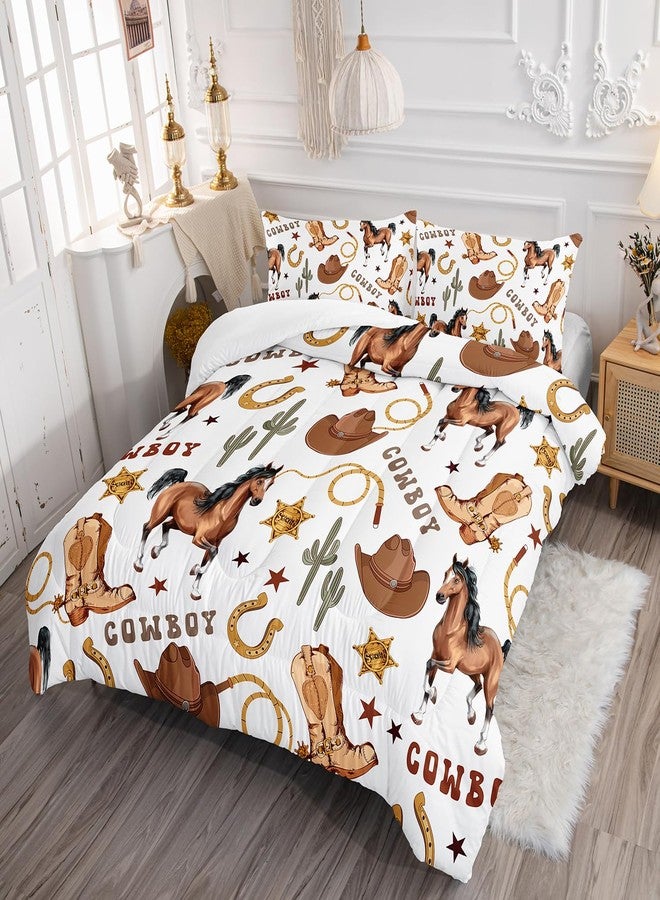 XYNHML Western Horse Comforter 3Pcs Twin Wild Brown Horse Cowboy Boot Hat Cactus Bedding Set for Kid Teen Girl Boy Adult Horsewhip Badge Horseshoe Quilt Bed Decor with 1 Comforter and 2 Pillowcases - Image 2