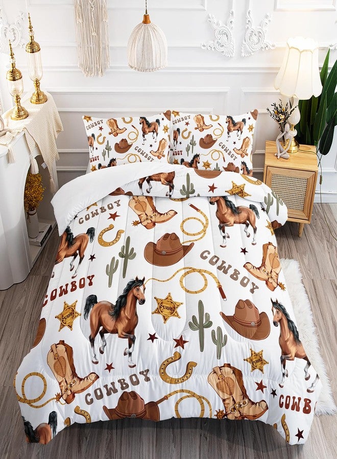 XYNHML Western Horse Comforter 3Pcs Twin Wild Brown Horse Cowboy Boot Hat Cactus Bedding Set for Kid Teen Girl Boy Adult Horsewhip Badge Horseshoe Quilt Bed Decor with 1 Comforter and 2 Pillowcases - Image 1