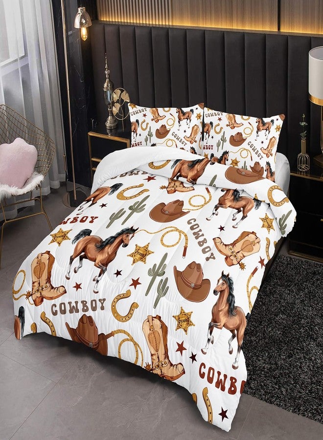 XYNHML Western Horse Comforter 3Pcs Twin Wild Brown Horse Cowboy Boot Hat Cactus Bedding Set for Kid Teen Girl Boy Adult Horsewhip Badge Horseshoe Quilt Bed Decor with 1 Comforter and 2 Pillowcases - Image 4