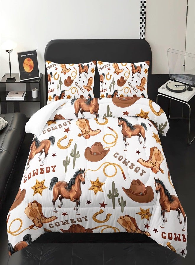 XYNHML Western Horse Comforter 3Pcs Twin Wild Brown Horse Cowboy Boot Hat Cactus Bedding Set for Kid Teen Girl Boy Adult Horsewhip Badge Horseshoe Quilt Bed Decor with 1 Comforter and 2 Pillowcases - Image 3