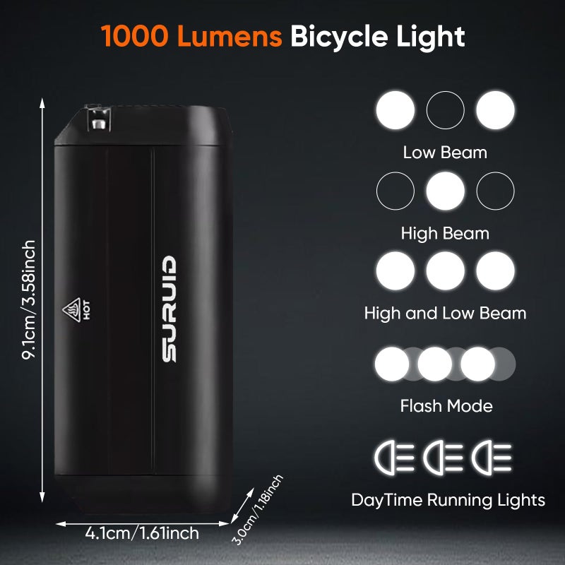 Suruid Bike Lights for Night Riding, 1000 Lumens Bright Bicycle Light, USB Rechargeable Bike Headlight, Waterproof Safety Bike Front Light for Road, Mountain, Bike Accessories for Adult Bikes - Image 2