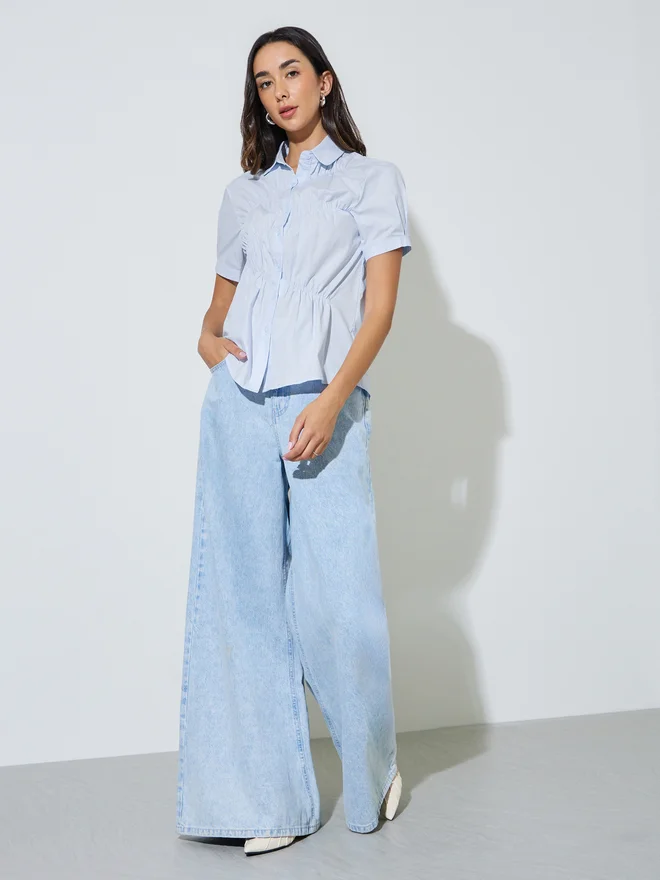 Styli Styli Blue Ruched Short Sleeve Shirt