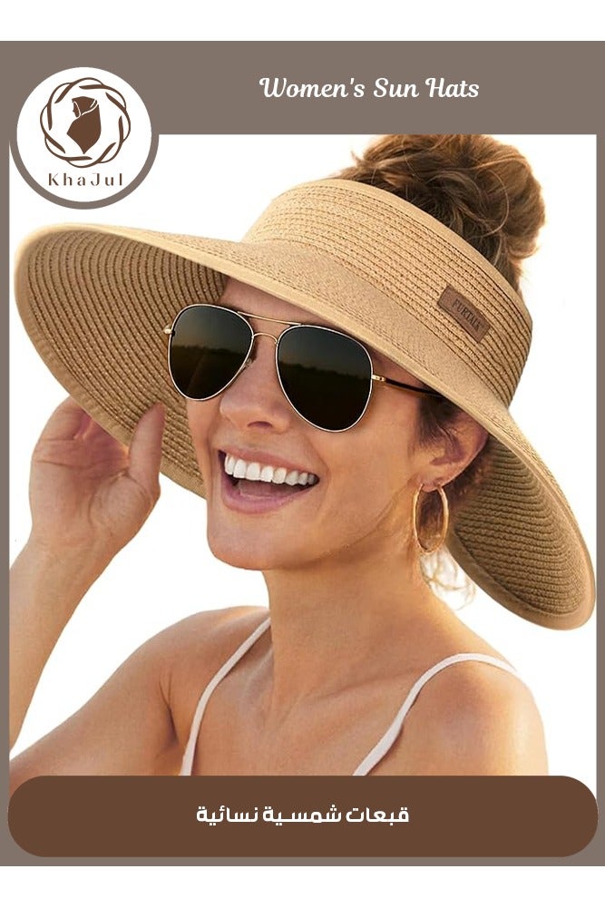 خاجول قبعة القش النسائية ذات الحافة العريضة، قابلة للطي والحمل للمصيف مع فتحة لذيل الحصان، للحماية من الأشعة فوق البنفسجية - Image 1