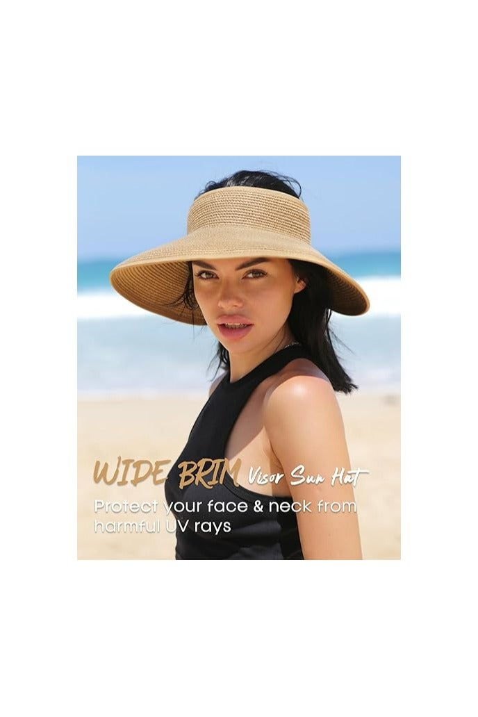 خاجول قبعة القش النسائية ذات الحافة العريضة، قابلة للطي والحمل للمصيف مع فتحة لذيل الحصان، للحماية من الأشعة فوق البنفسجية - Image 4