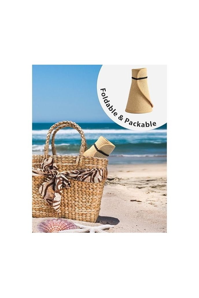 خاجول قبعة القش النسائية ذات الحافة العريضة، قابلة للطي والحمل للمصيف مع فتحة لذيل الحصان، للحماية من الأشعة فوق البنفسجية - Image 5