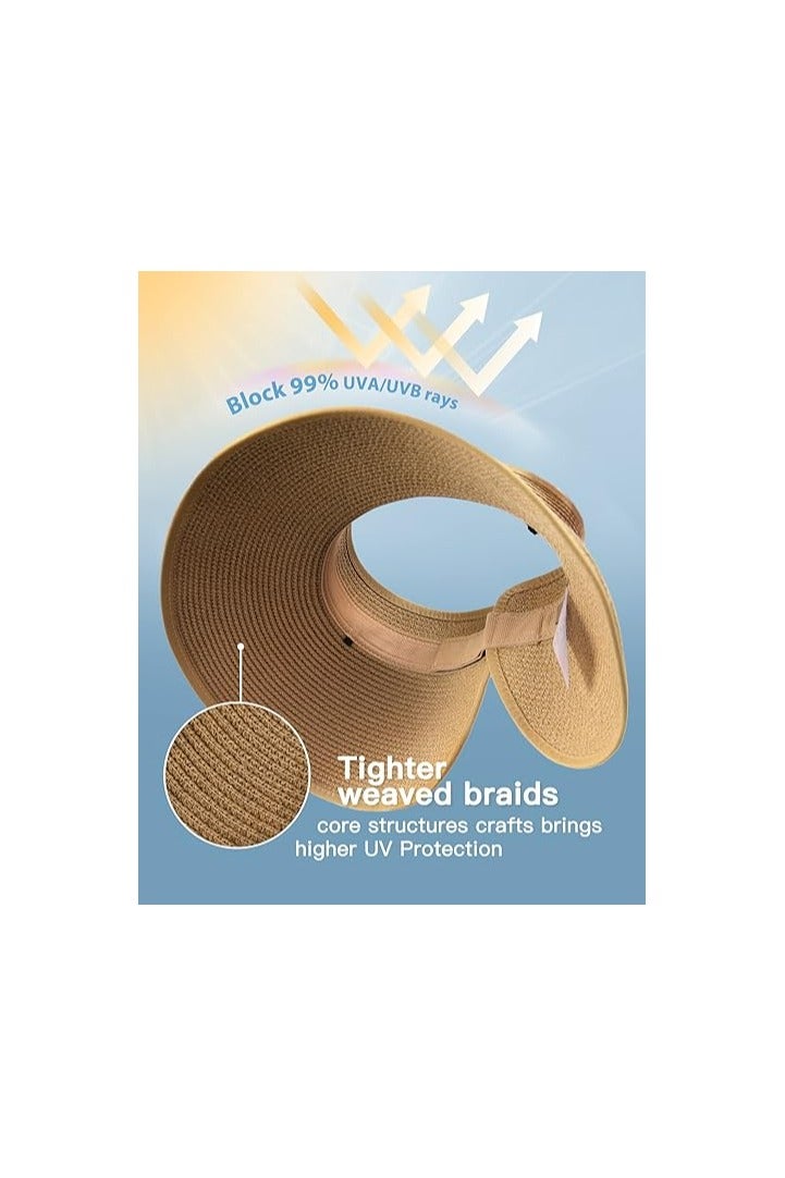 خاجول قبعة القش النسائية ذات الحافة العريضة، قابلة للطي والحمل للمصيف مع فتحة لذيل الحصان، للحماية من الأشعة فوق البنفسجية - Image 2