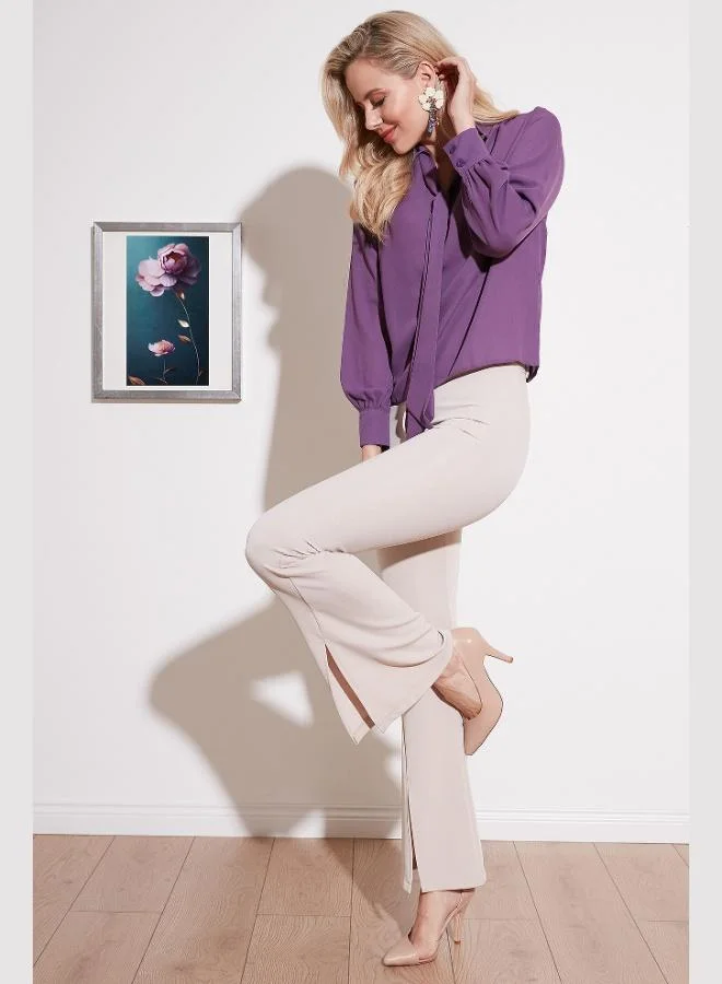 ليلا قميص شيفون بياقة على شكل حرف  وتفاصيل ربطة عنق للنساء