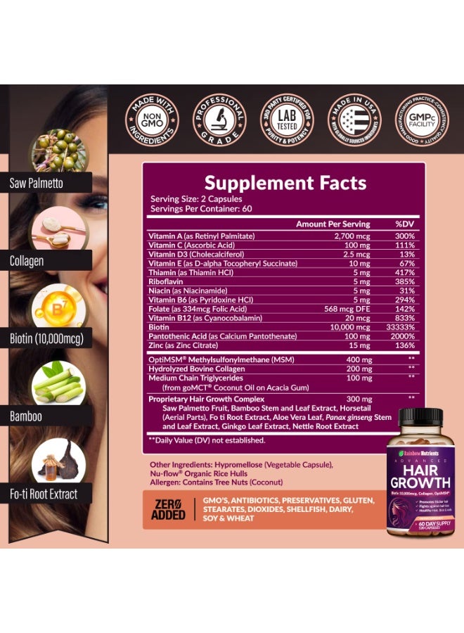 Rainbow Nutrients Hair Growth Vitamins for Women | Biotin 10,000mcg + Collagen + OptiMSM® + goMCT® | Saw Palmetto | Vegan Capsules 120 (60-Day Supply) - Image 2