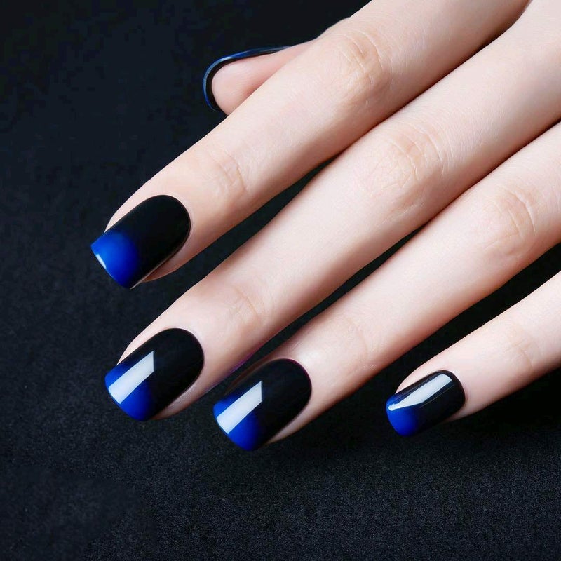 SIUSIO SIUSIO 24Pcs Fake Nails Black Full Cover Short Gradient Jewelry Blue Top Coat False Nail Covered Gel Art Tips Sets for Women and Girls