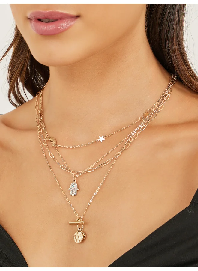 ستايلي Styli Layered Necklace with Hamsa Hand Charm