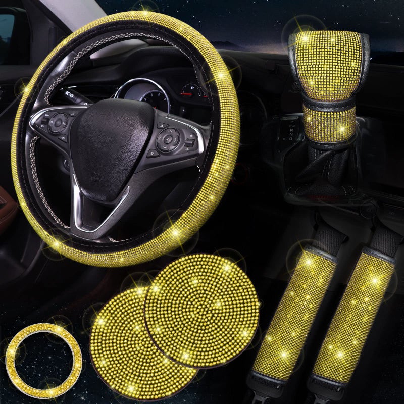 ToBeQueen Steering Wheel Cover Set 15 inch7 Pack Crystal Rhinestone Diamond Yellow Bling Car Accessories SetSeat Belt CoverBling Gear Shift CoverPuch Start RingCar Cup CoasterYellow