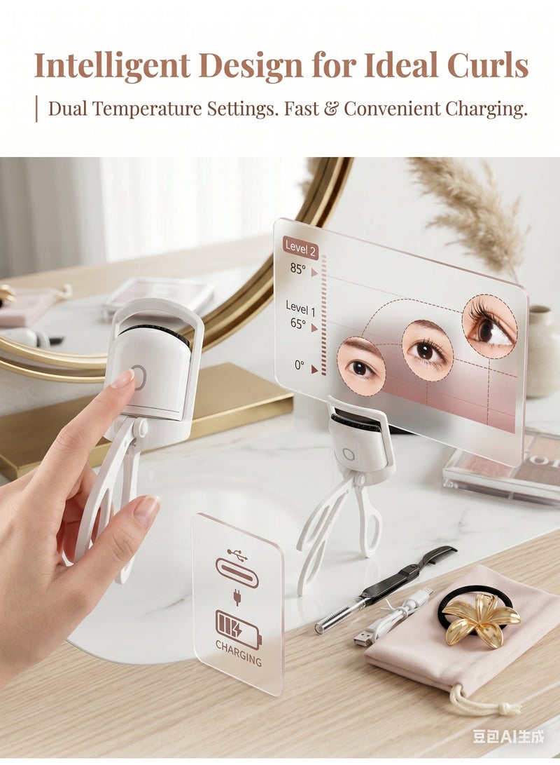 Heated electric eyelash curler, long-lasting curled lashes, USB rechargeable, two temperature settings, sunflower eyelash curler, makeup tool, white. - Image 2