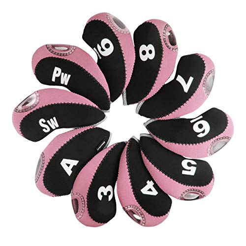 Andux Number Print Golf Iron Club Head Covers with Transparent Window 10pcs/Set Black/Pink - Image 1