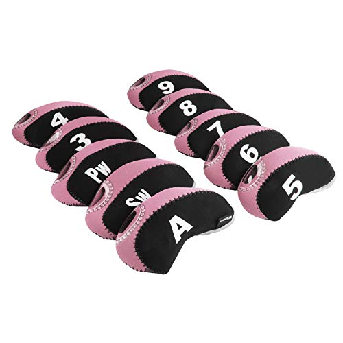 Andux Number Print Golf Iron Club Head Covers with Transparent Window 10pcs/Set Black/Pink - Image 2
