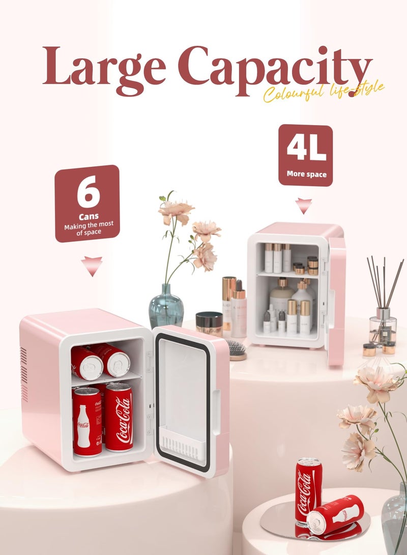 Jubilin Mini Skincare Fridge with Dimmable LED Light Mirror, Cooler and Warmer for Refrigerating Make Up, Skin Care and Food, 4L Portable Mini Fridge for Bedroom, Office and Car, Pink - Image 5