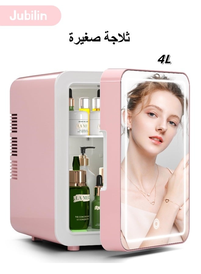 Jubilin Mini Skincare Fridge with Dimmable LED Light Mirror, Cooler and Warmer for Refrigerating Make Up, Skin Care and Food, 4L Portable Mini Fridge for Bedroom, Office and Car, Pink - Image 1
