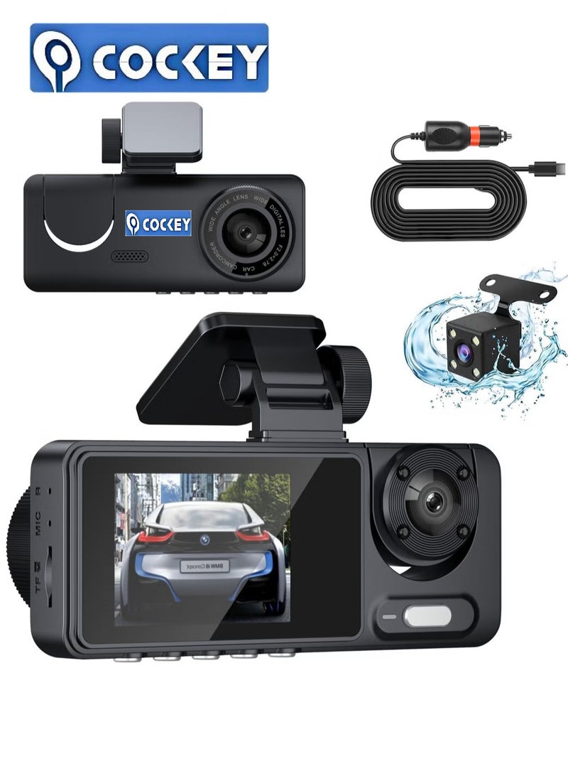 COCKEY Car Dash Cam, 3 Channel - Front, Rear, Inside, 1080P HD 170 Wide Angle Night Vision Driving Dashcam, G-Sensor, Parking Monitor, Motion Detection, Loop Recording, Collision Detection, Accident Lock - Image 1