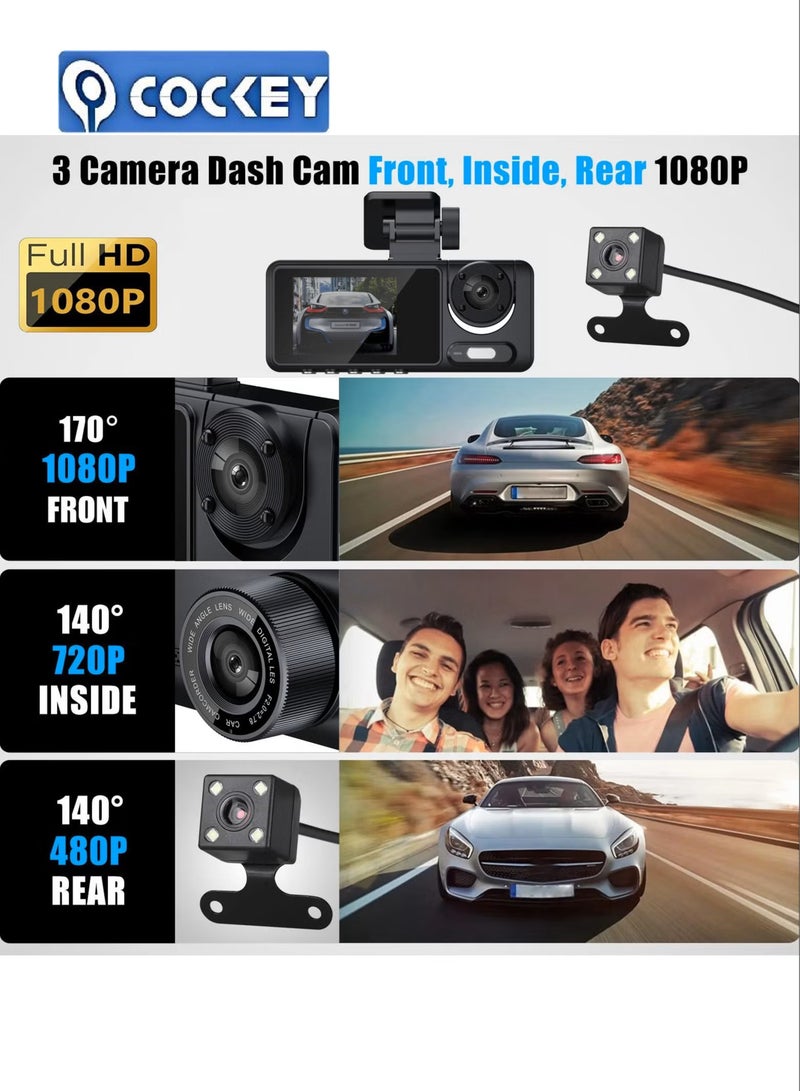 COCKEY Car Dash Cam, 3 Channel - Front, Rear, Inside, 1080P HD 170 Wide Angle Night Vision Driving Dashcam, G-Sensor, Parking Monitor, Motion Detection, Loop Recording, Collision Detection, Accident Lock - Image 3