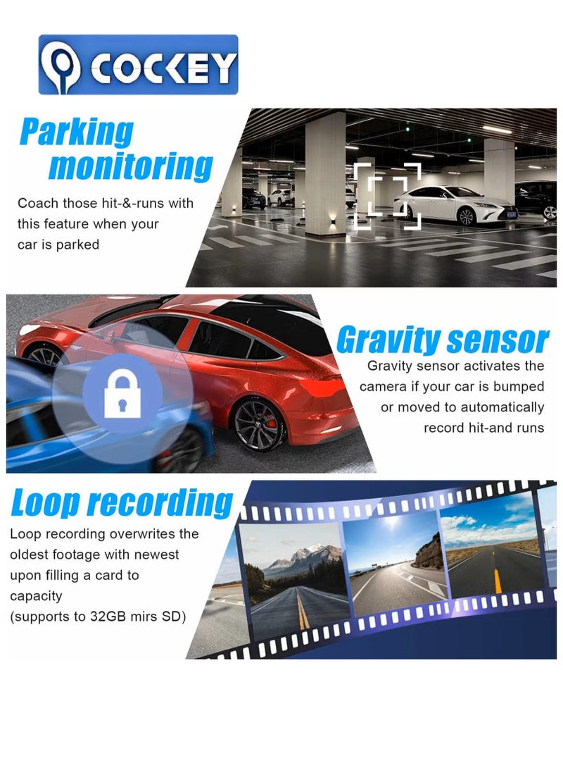 COCKEY Car Dash Cam, 3 Channel - Front, Rear, Inside, 1080P HD 170 Wide Angle Night Vision Driving Dashcam, G-Sensor, Parking Monitor, Motion Detection, Loop Recording, Collision Detection, Accident Lock - Image 4