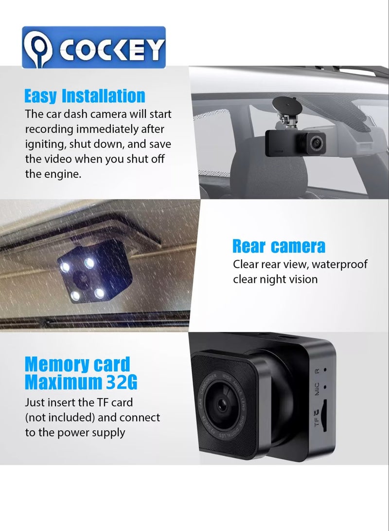 COCKEY Car Dash Cam, 3 Channel - Front, Rear, Inside, 1080P HD 170 Wide Angle Night Vision Driving Dashcam, G-Sensor, Parking Monitor, Motion Detection, Loop Recording, Collision Detection, Accident Lock - Image 5