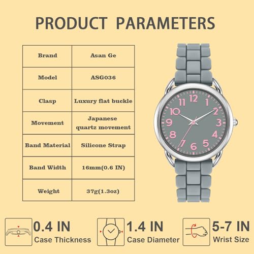 Asan Ge 36MM Women's Watch - Comfortable Silicone Band, 3ATM Water Resistant, Scratch Resistant, Accurate Japanese Quartz - Stylish & Reliable,Women's Wrists Large Face Watch Easy to Read (Grey) - Image 4